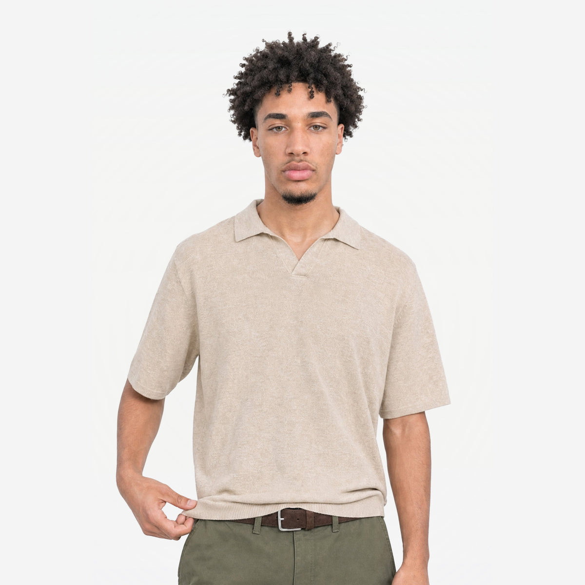 Bellagio Polo in Crema – worn by model, front view