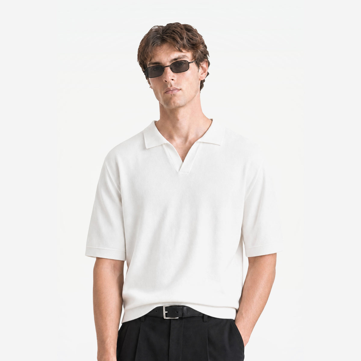 Bellagio Polo in Bianco – worn by model, front view