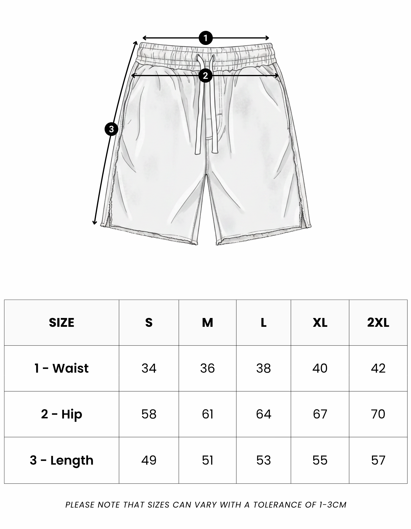 Size guide in centimetres for Raw Edge Emblem Shorts