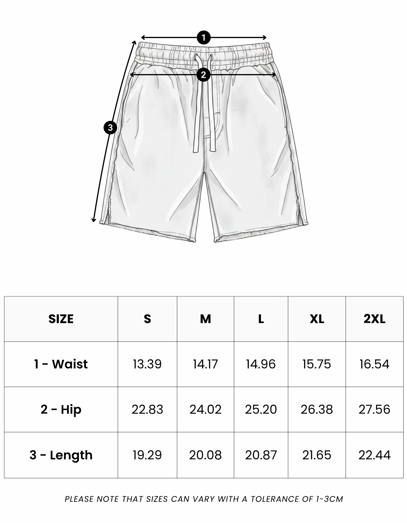 Size guide in inches for Raw Edge Emblem Shorts