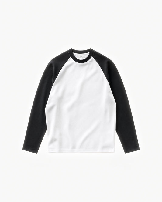 Pavilion Raglan Long Sleeve in White / Black – flat lay, front view