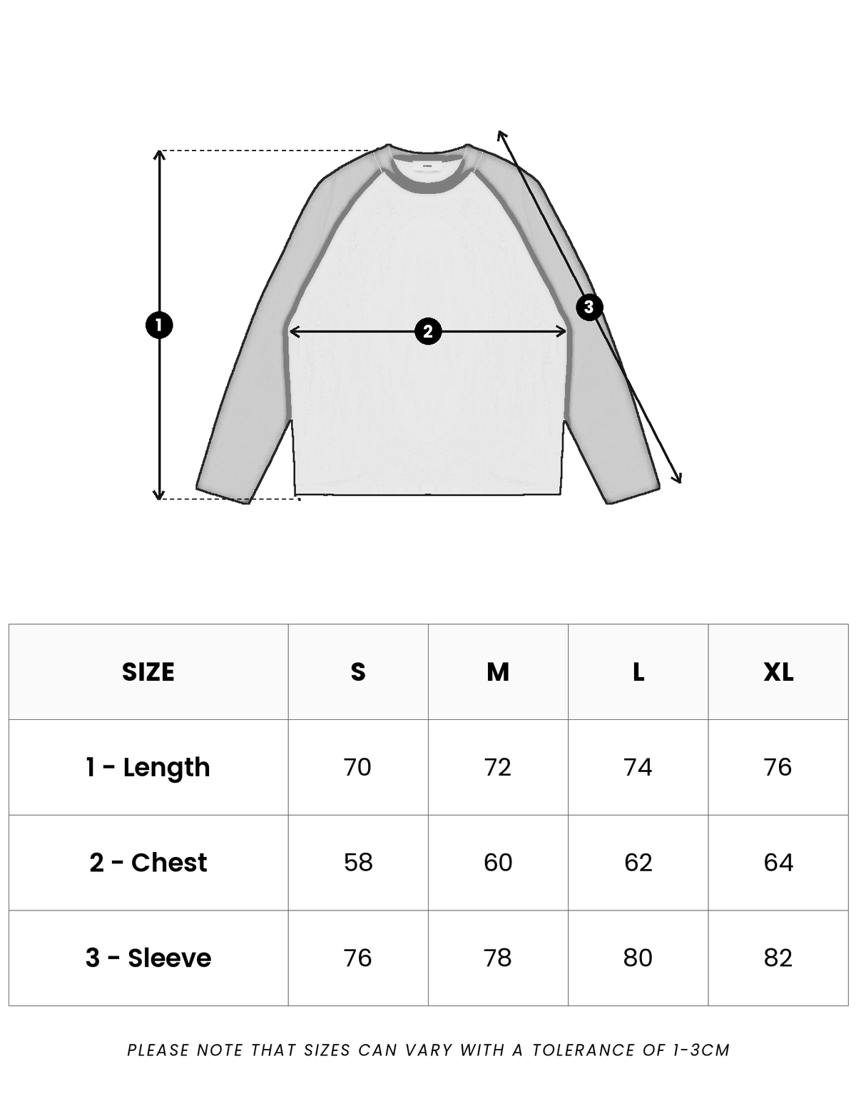 Size guide in centimetres for Pavilion Raglan Long Sleeve