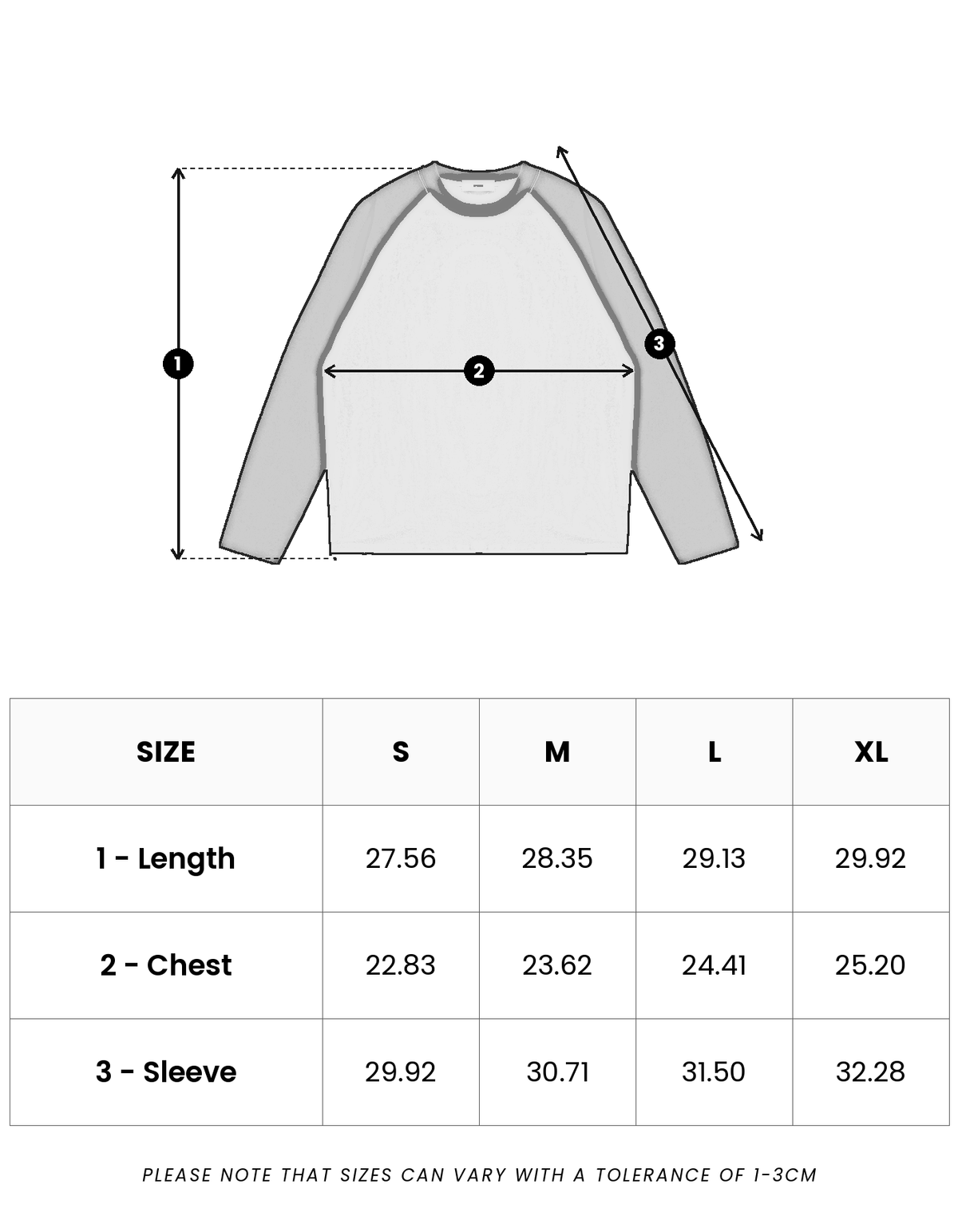 Size guide in inches for Pavilion Raglan Long Sleeve