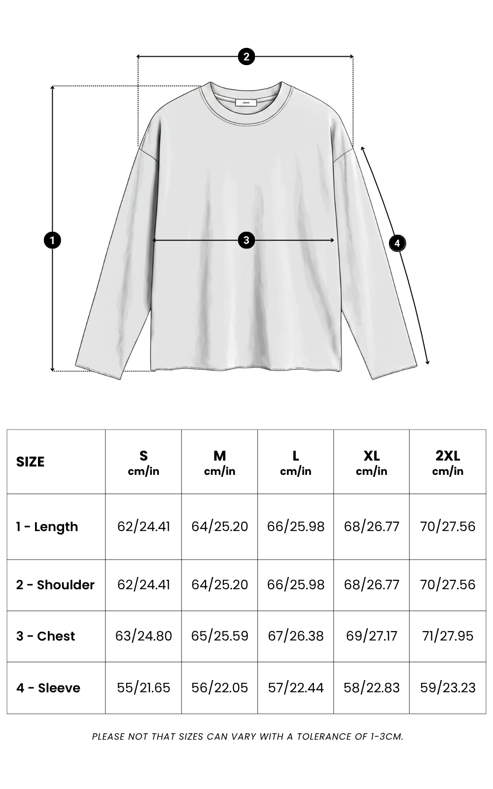 Size guide in inches for Atlas Hoodie