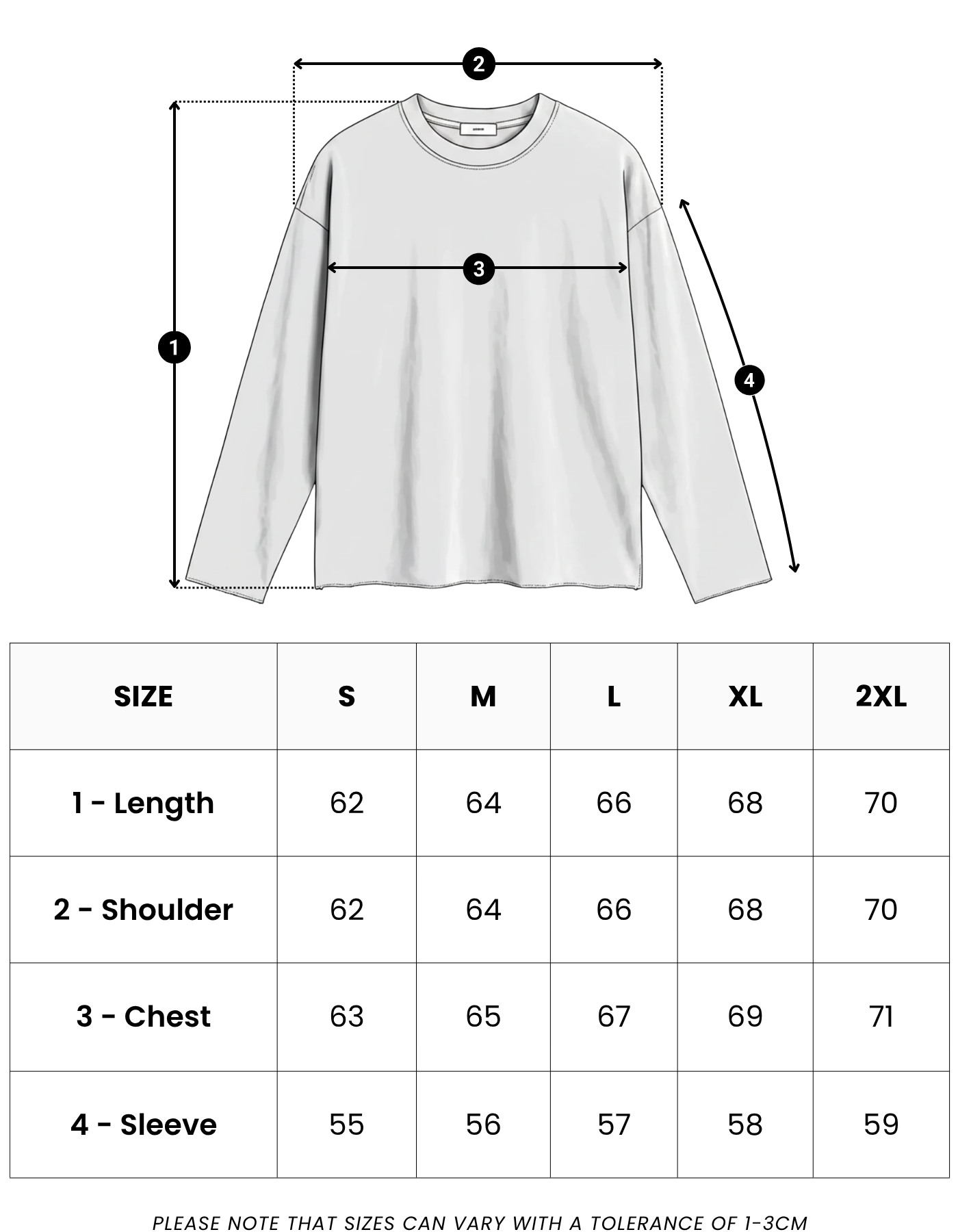 Size guide in centimetres for Raw Edge Long Sleeve Tee