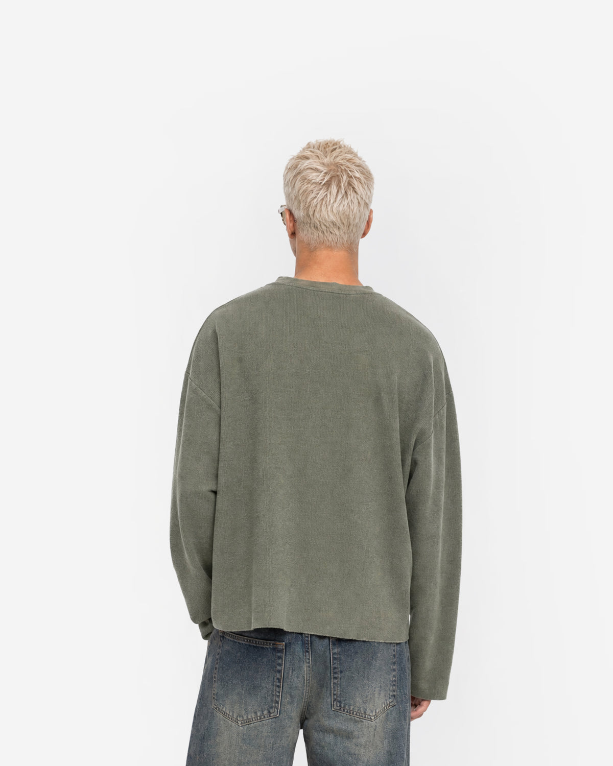 Raw Edge Long Sleeve Tee in Olive Green – worn by model, back view