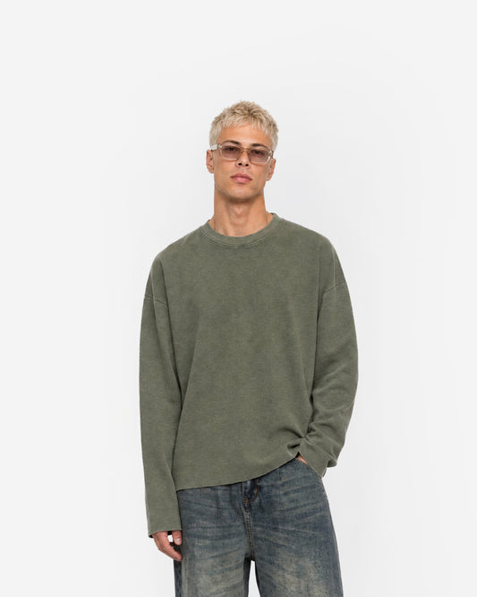 Raw Edge Long Sleeve Tee in Olive Green – worn by model, front view