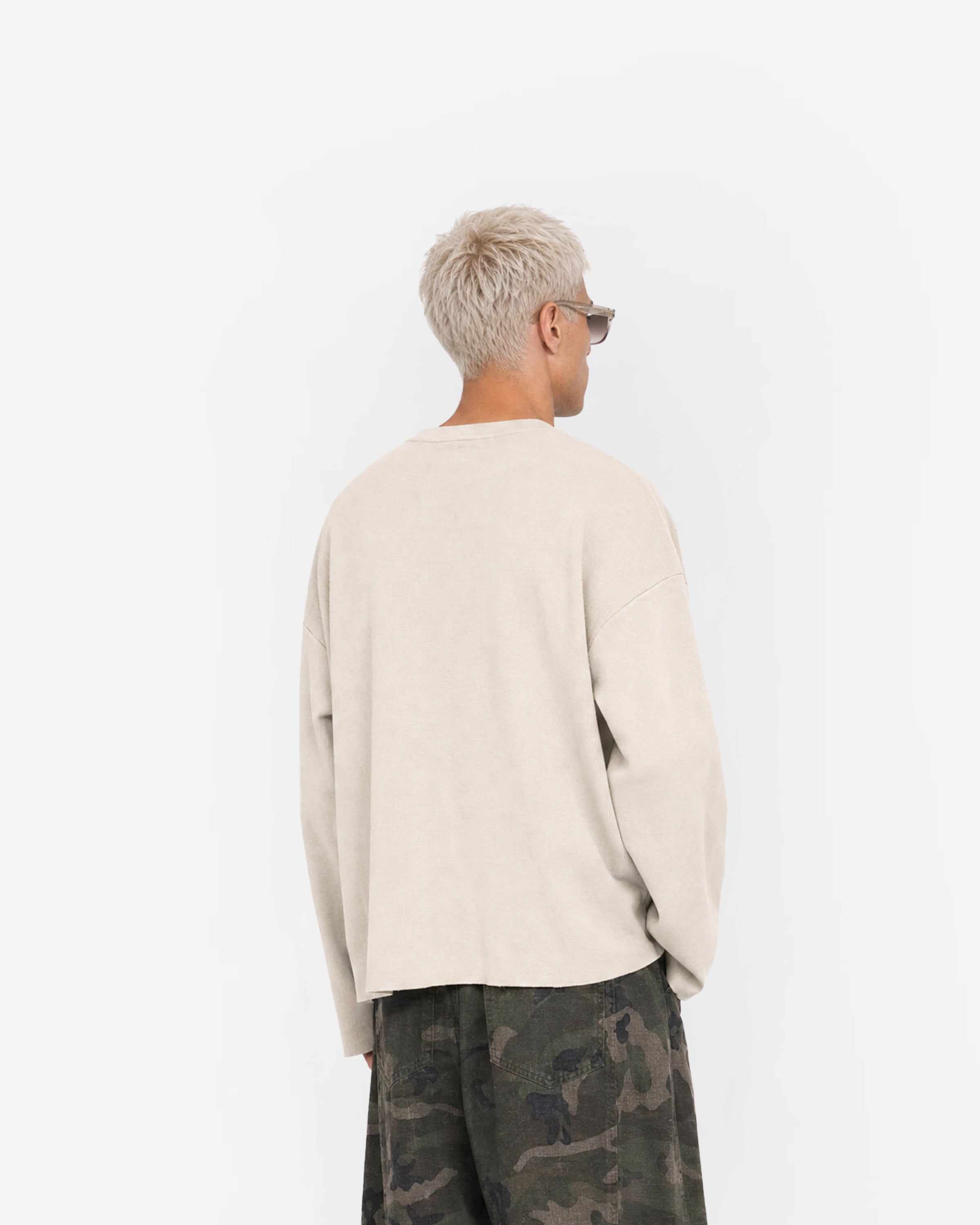 Raw Edge Long Sleeve Tee in Light Apricot – worn by model, back view