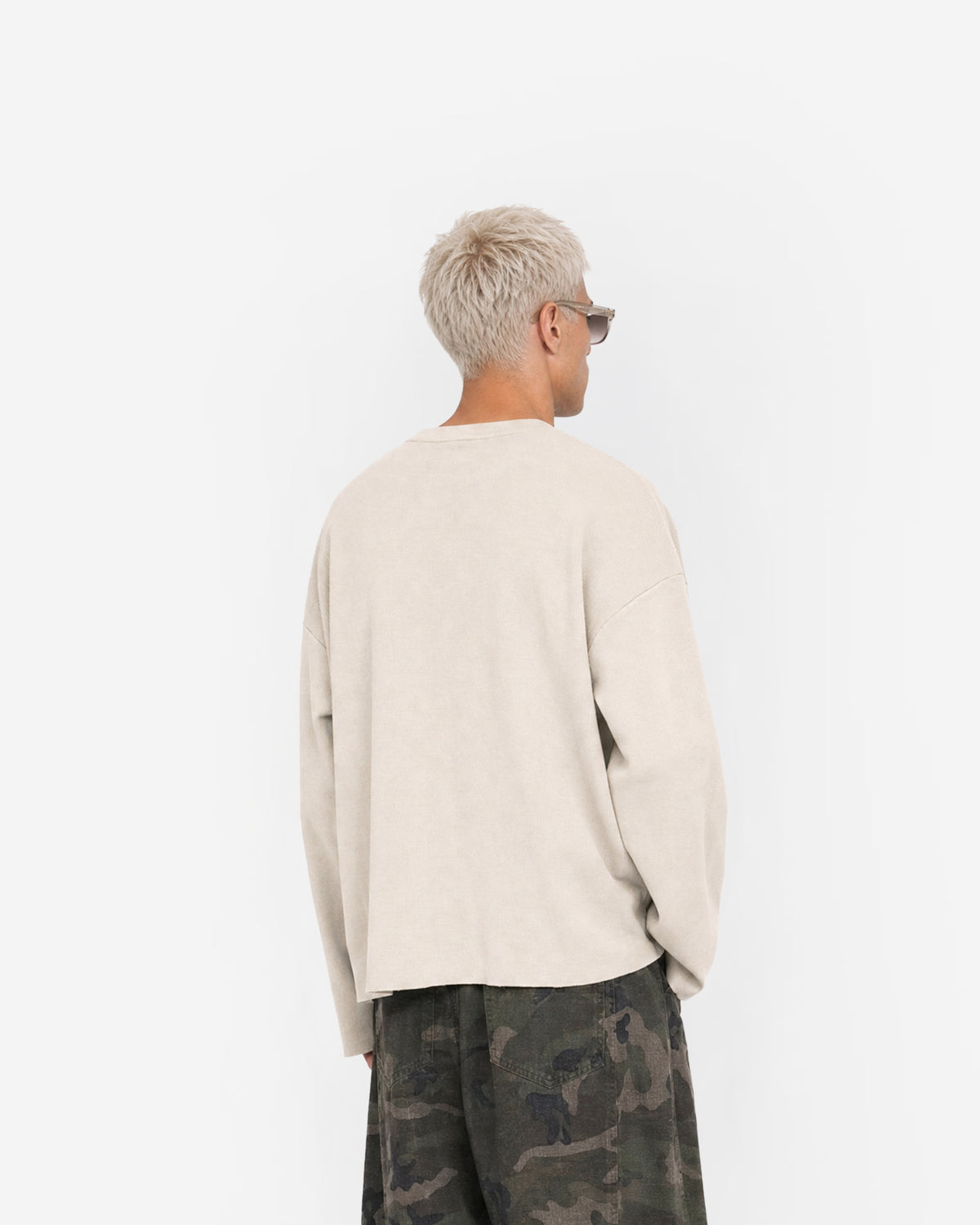 Raw Edge Long Sleeve Tee in Light Apricot – worn by model, back view