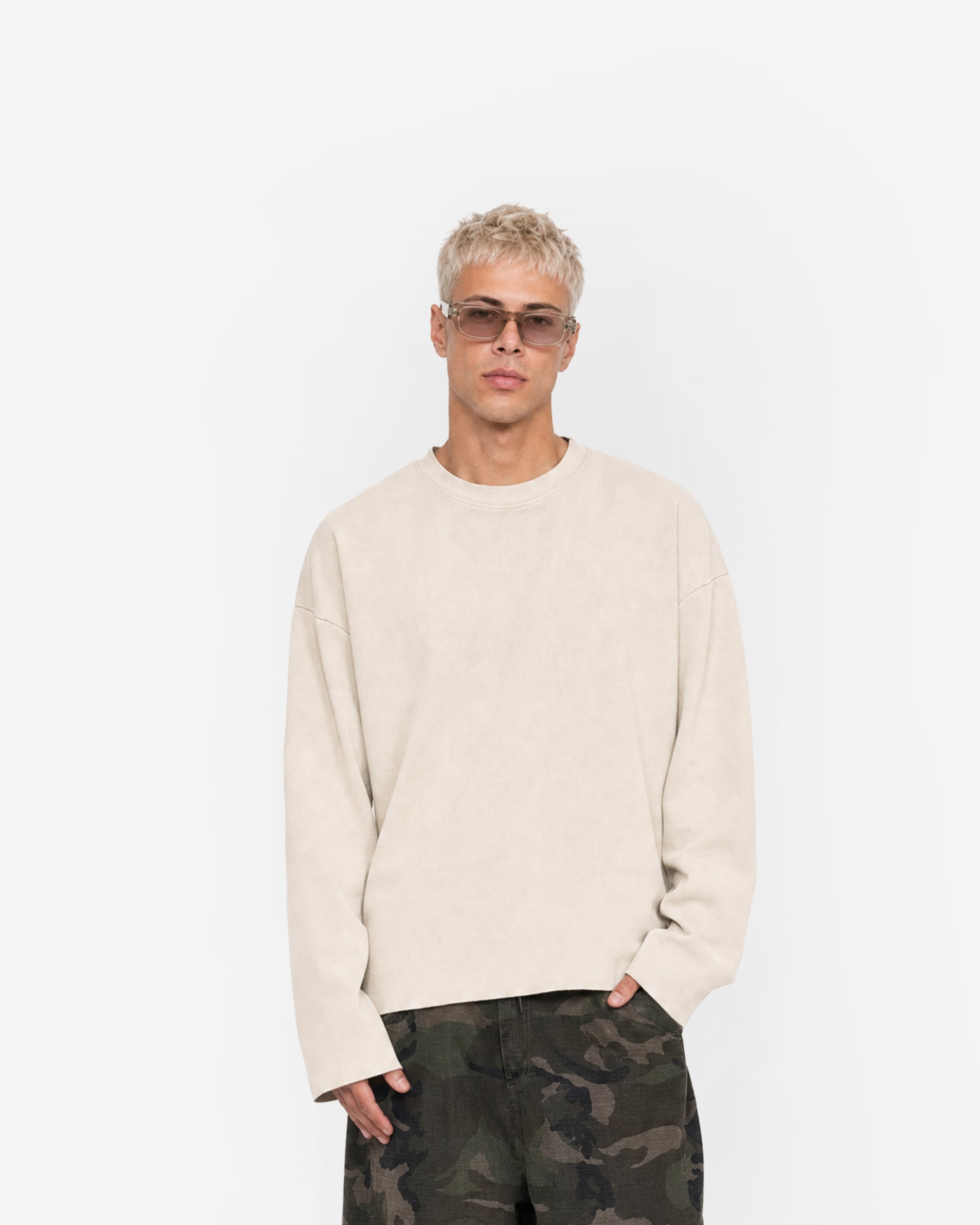 Raw Edge Long Sleeve Tee in Light Apricot – worn by model, front view