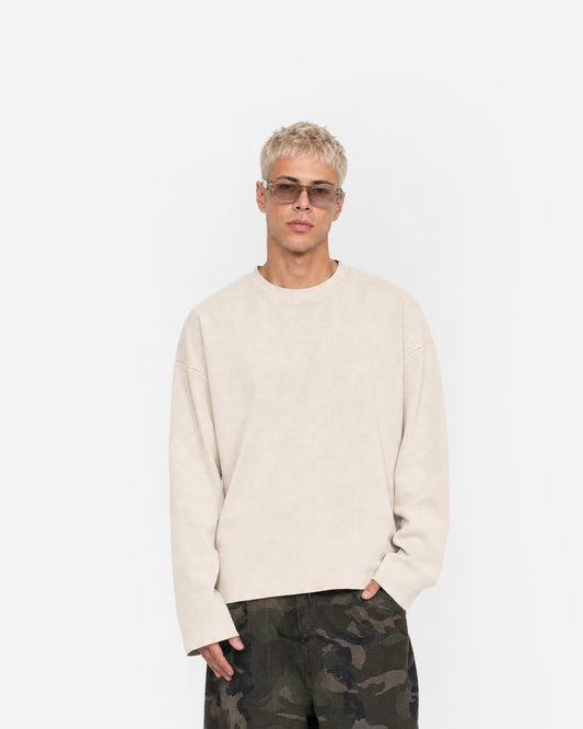 Raw Edge Long Sleeve Tee in Light Apricot – worn by model, front view