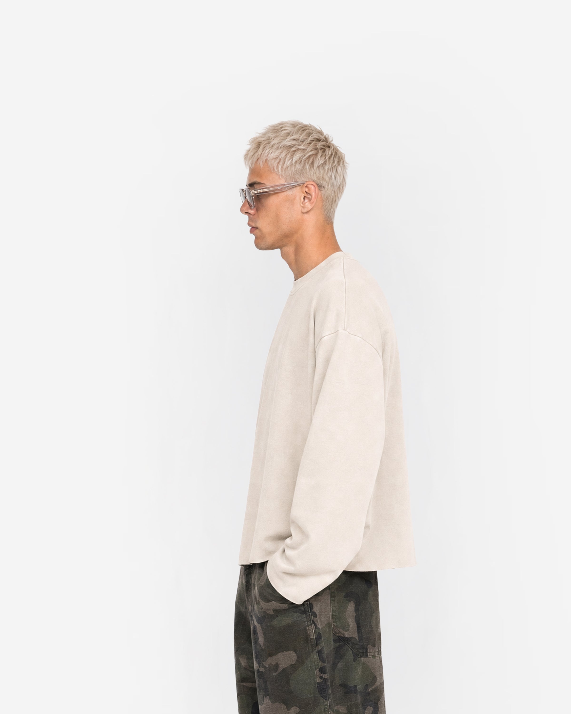 Raw Edge Long Sleeve Tee in Light Apricot – worn by model, side view