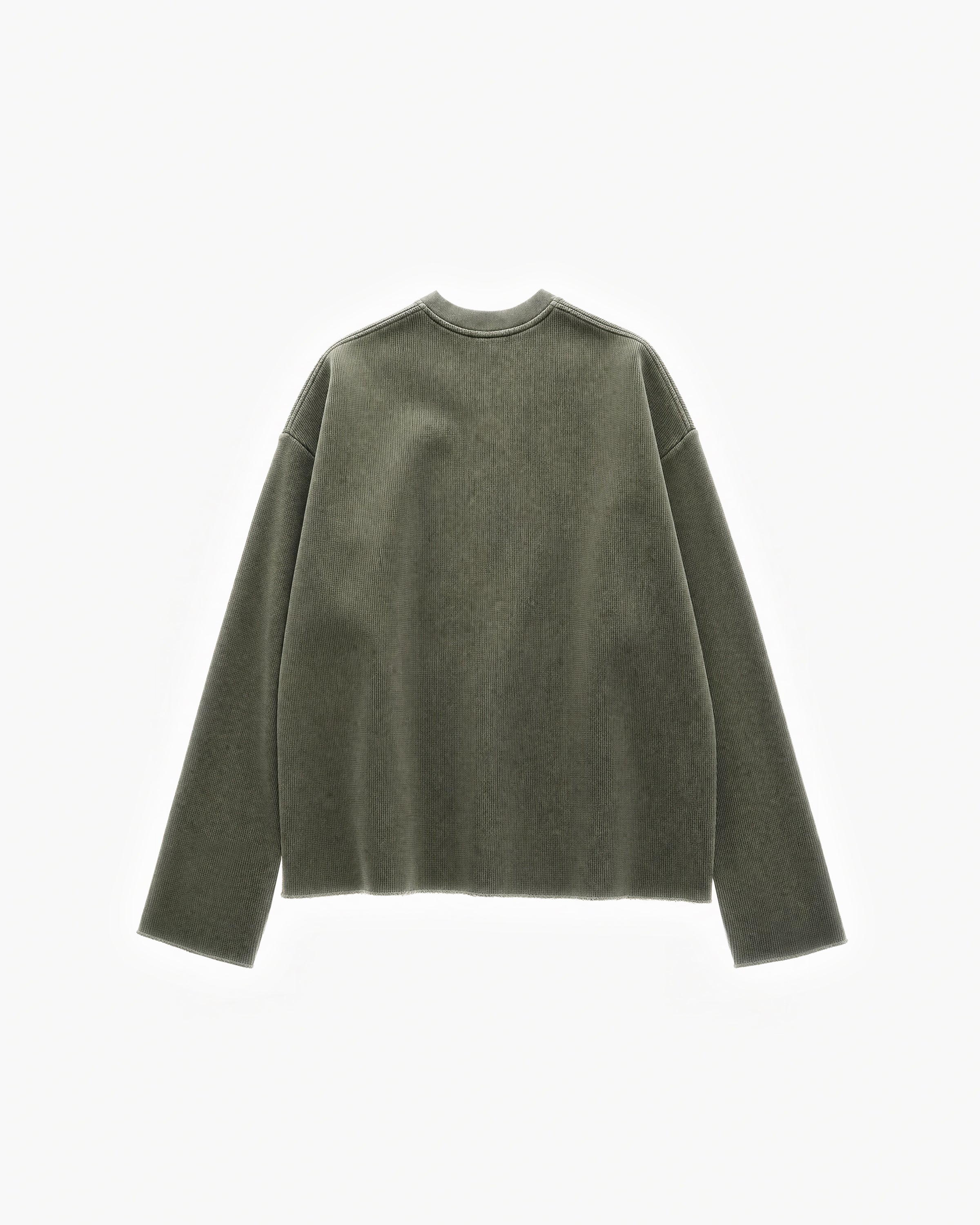 Raw Edge Long Sleeve Tee in Olive Green – flat lay, back view