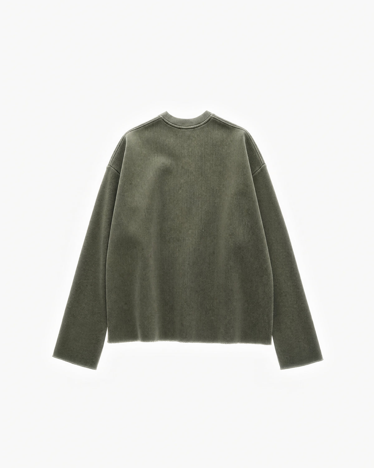 Raw Edge Long Sleeve Tee in Olive Green – flat lay, back view
