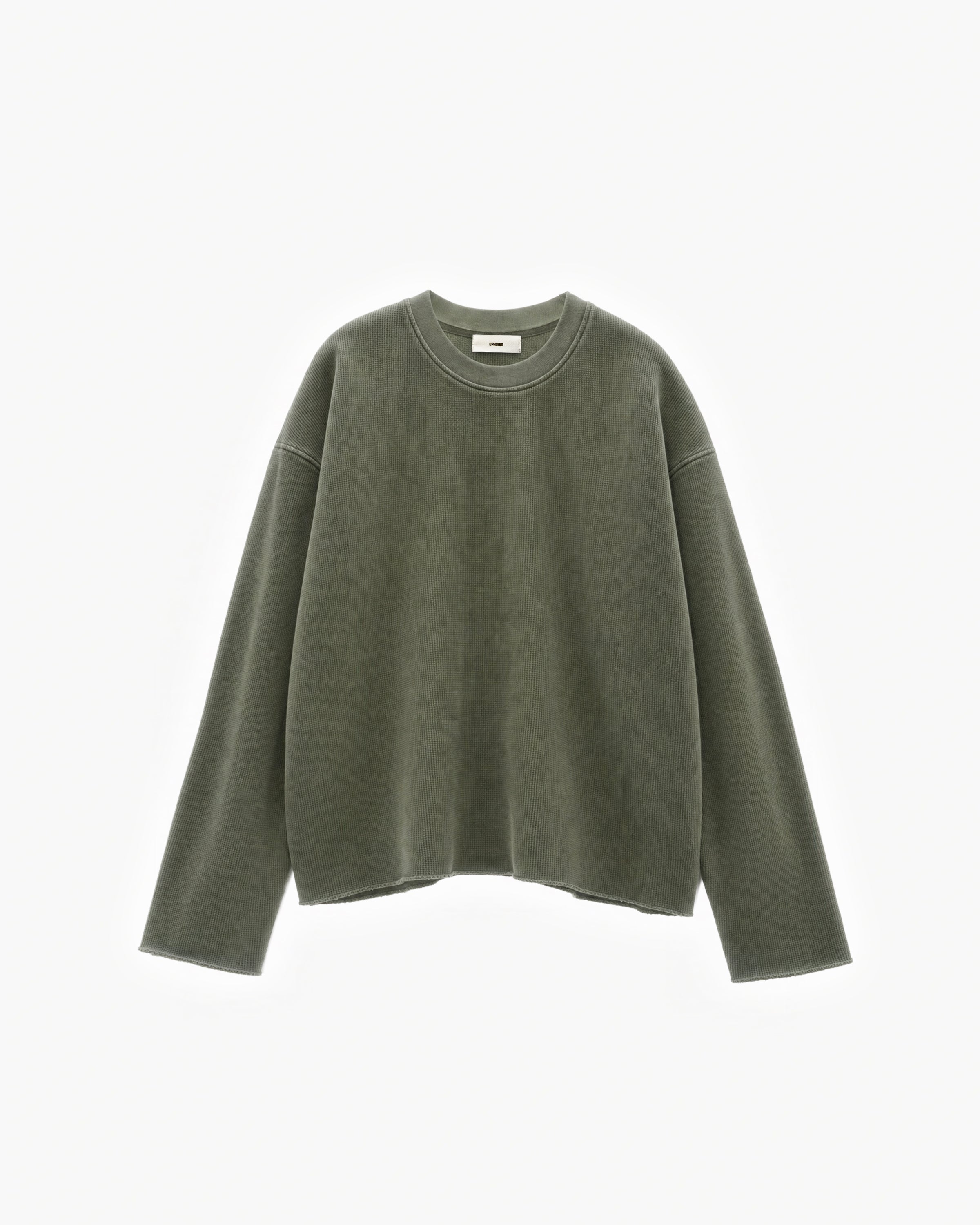 Raw Edge Long Sleeve Tee in Olive Green – flat lay, front view
