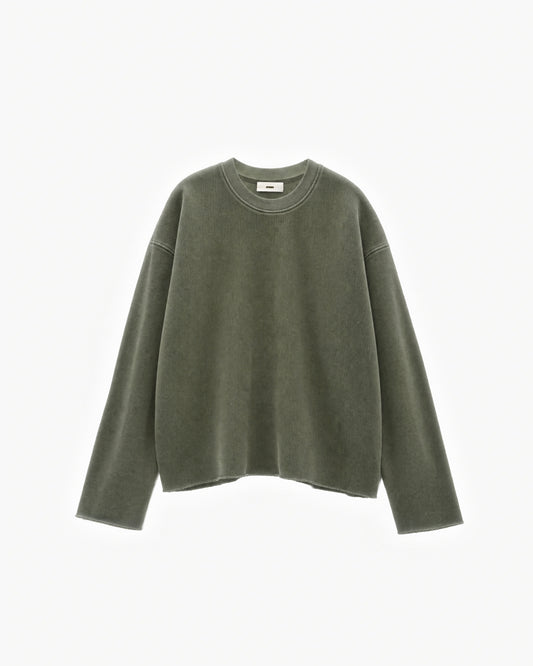 Raw Edge Long Sleeve Tee in Olive Green – flat lay, front view