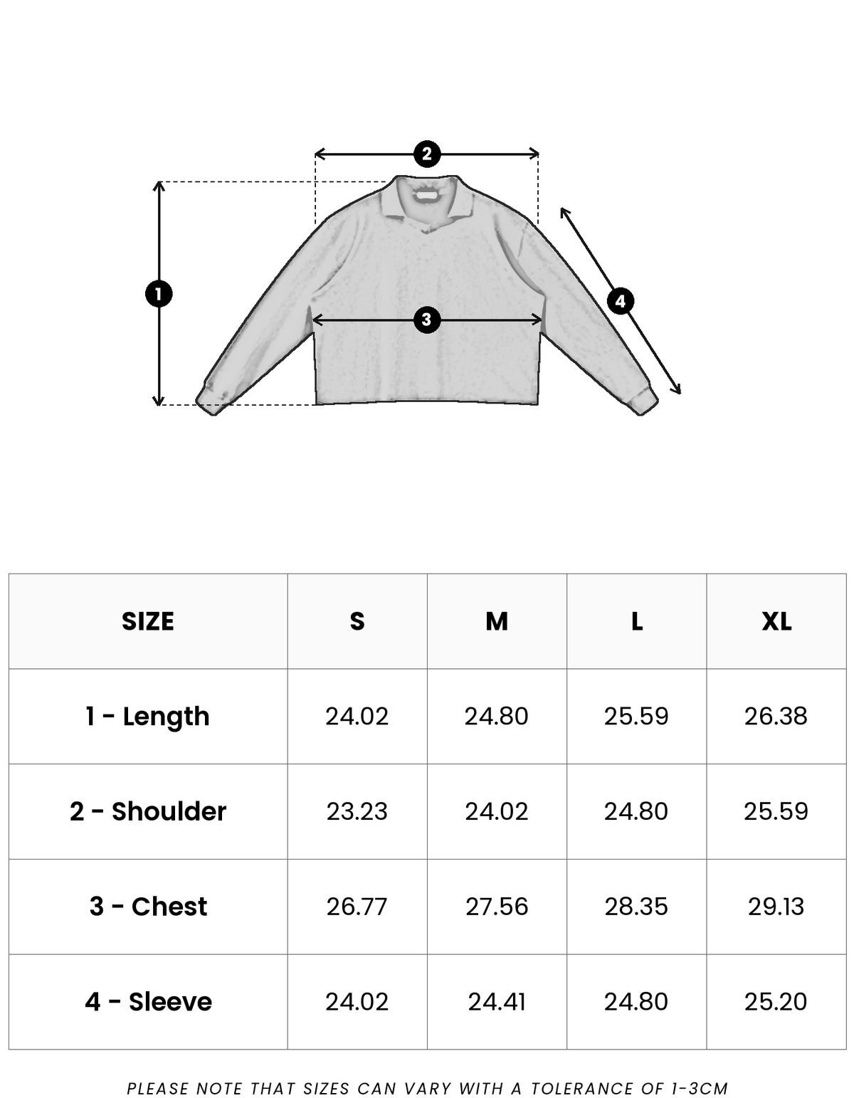 Size guide in inches for Raw Polo Sweatshirt