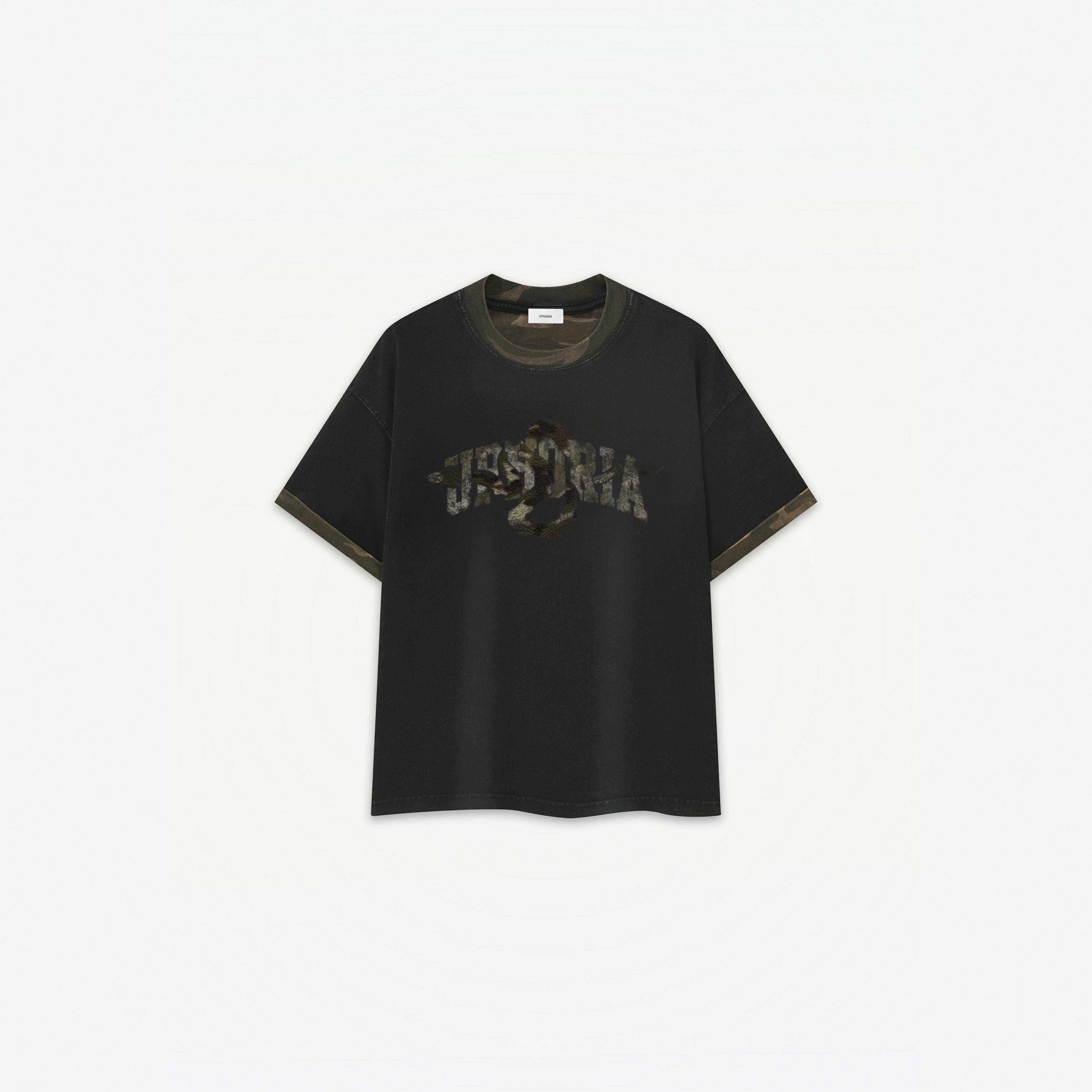 Snake Camo Tee in Black Camo – flat lay