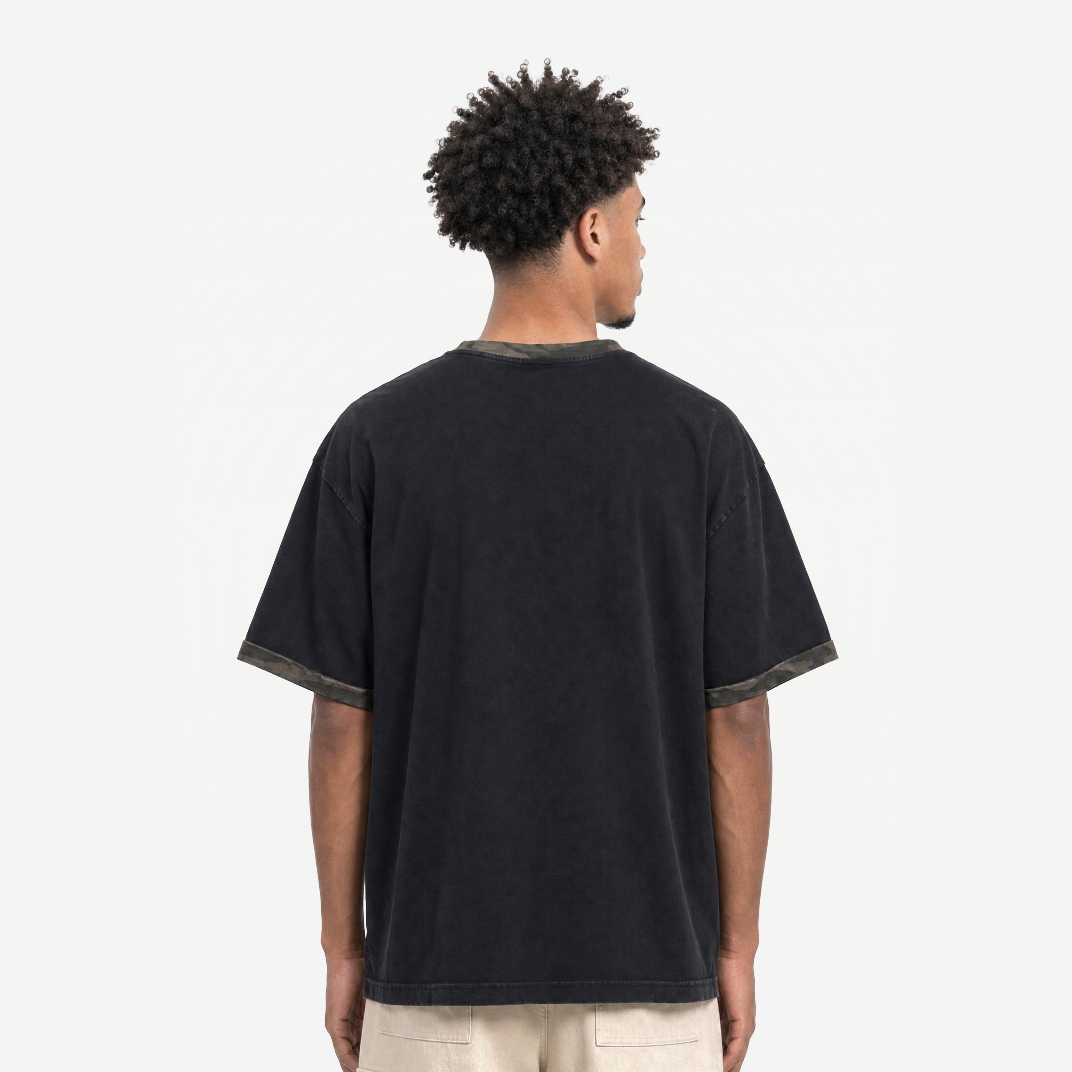 Snake Camo Tee in Black Camo – worn by model, back view