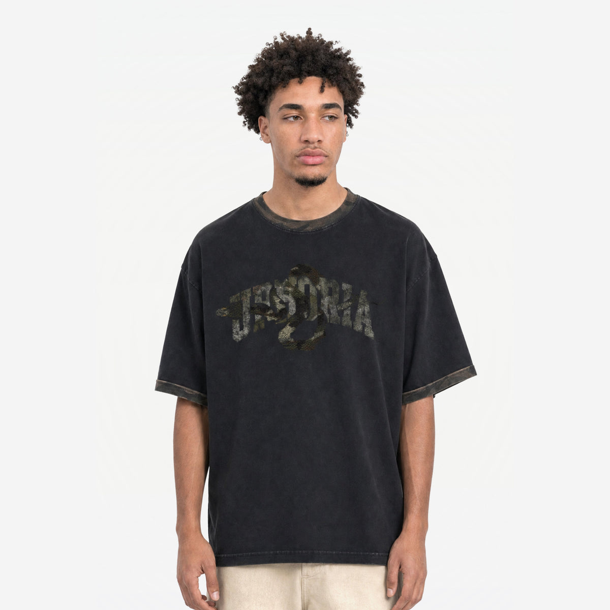 Snake Camo Tee in Black Camo – worn by model, front view