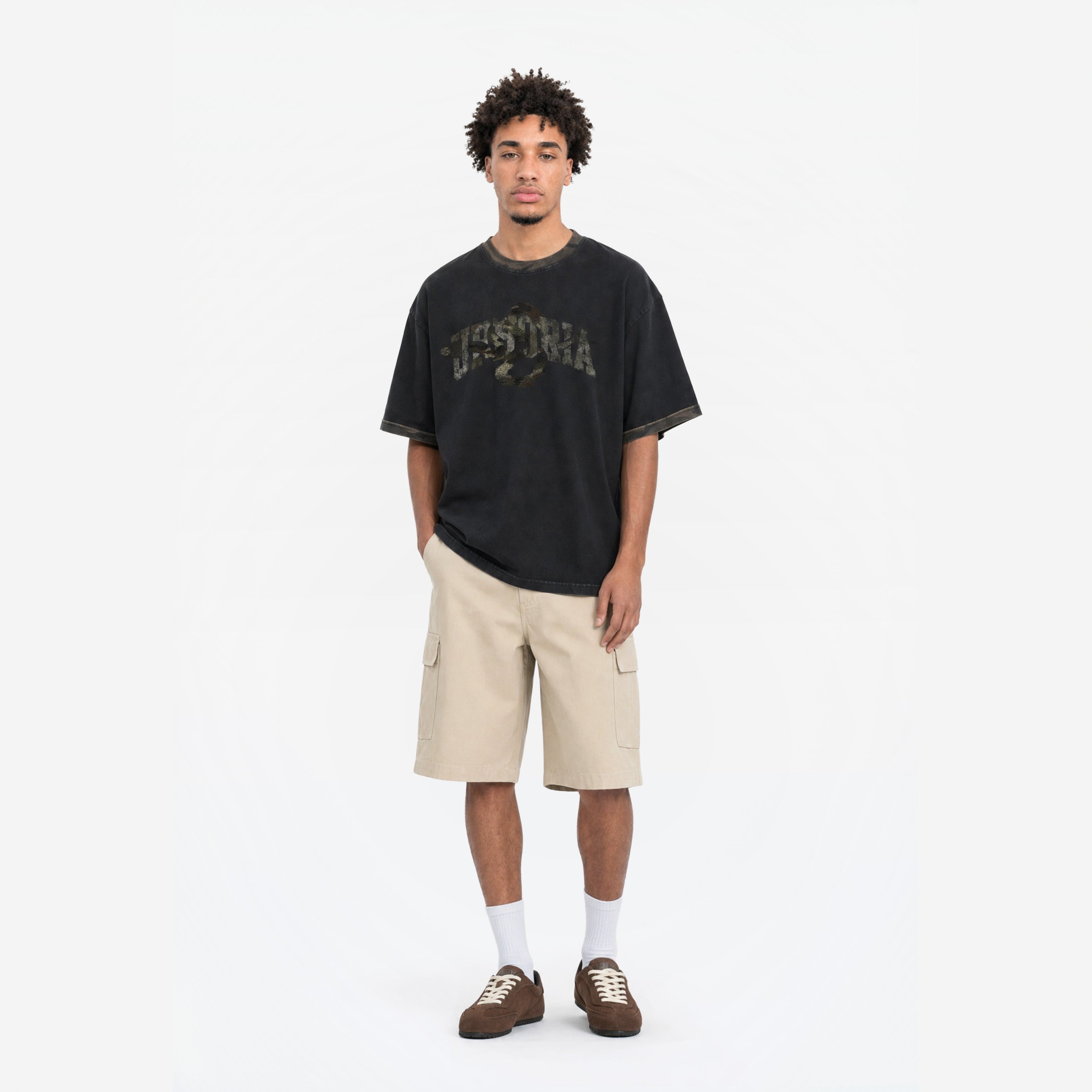 Snake Camo Tee in Black Camo – worn by model, front view