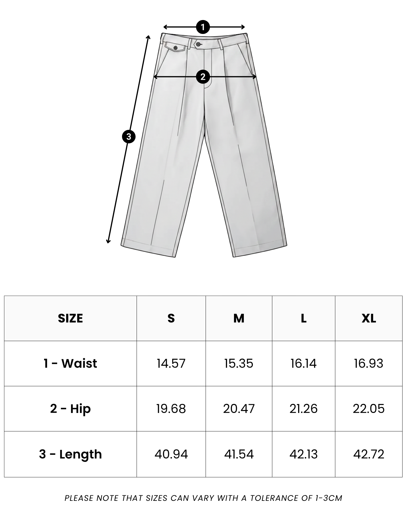 Size guide in inches for Como Tailored Pants