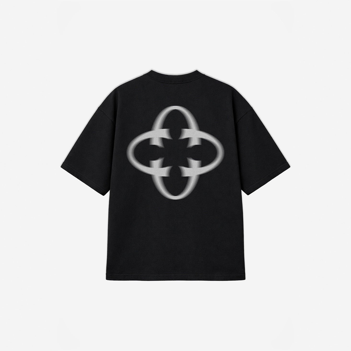Emblem Motion Tee in Black - White Graphic – flat lay, back view