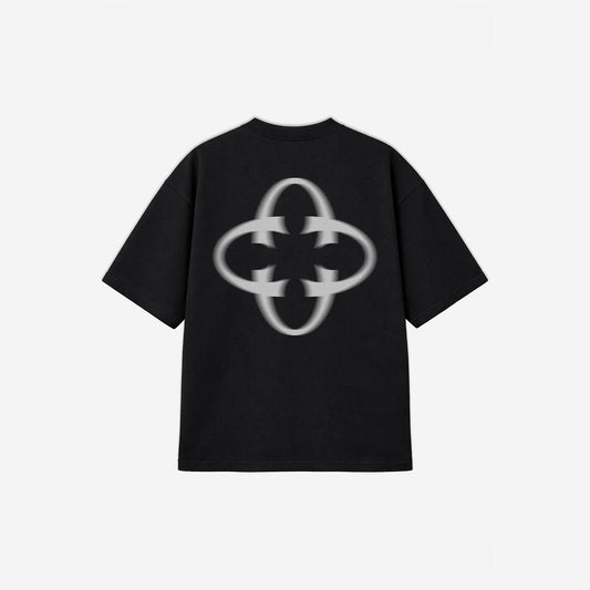 Emblem Motion Tee in Black - White Graphic – flat lay, back view