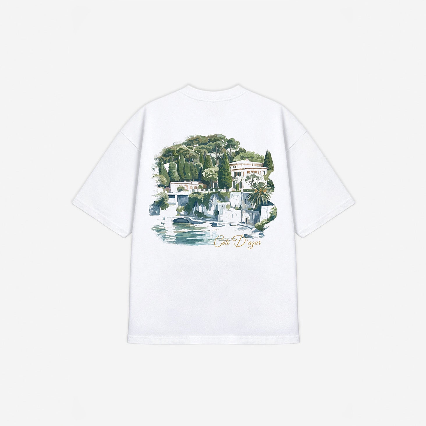 Cote D'azur Tee in White – flat lay, back view