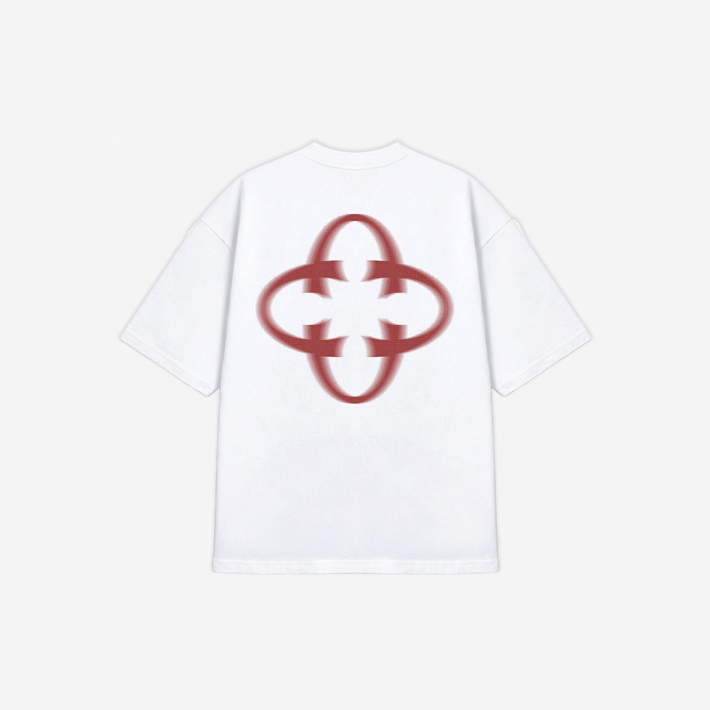 Emblem Motion Tee in White - Red Graphic – flat lay, back view