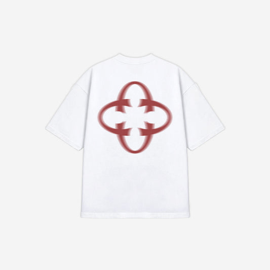 Emblem Motion Tee in White - Red Graphic – flat lay, back view