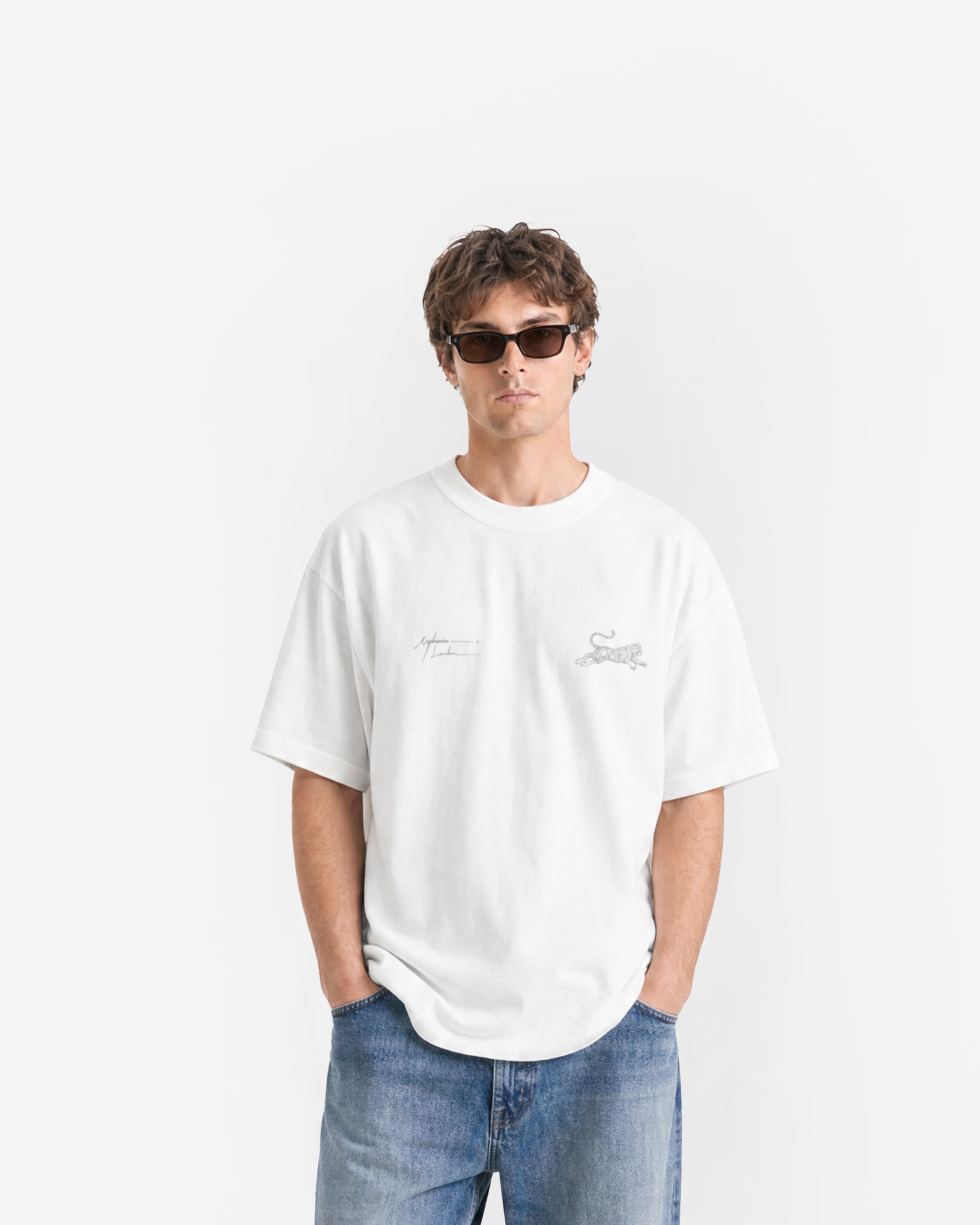 Tiger Signature Tee in White – worn by model, front view