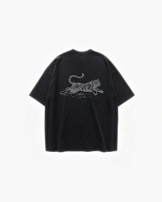 Tiger Signature Tee in Black – flat lay, back view