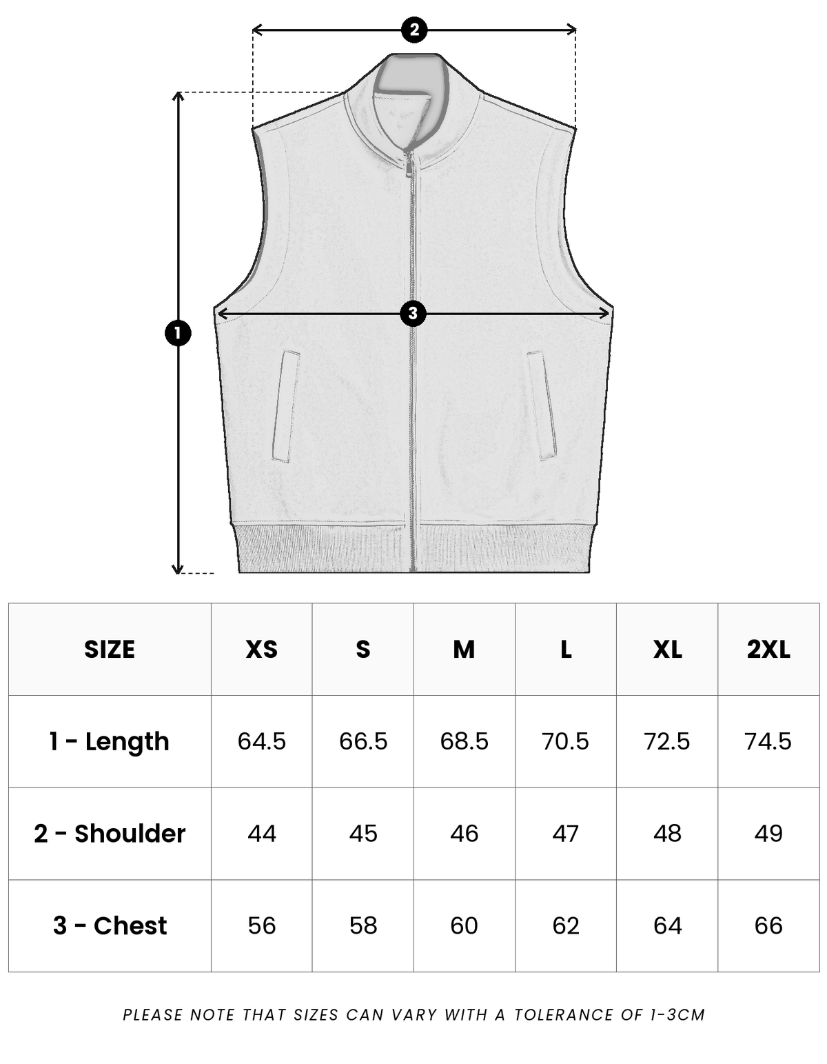 Size guide in centimetres for Paddock Gilet