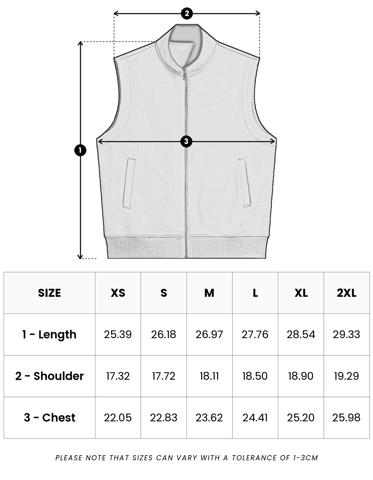 Size guide in inches for Paddock Gilet