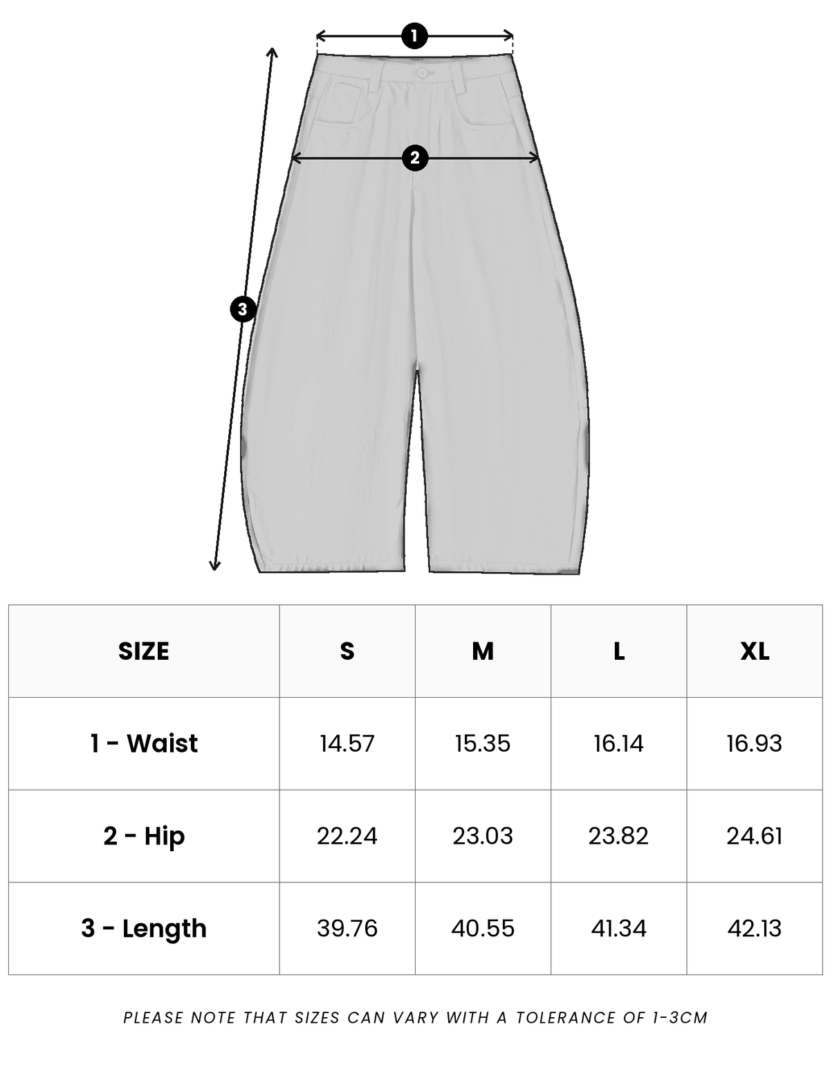 Size guide in inches for Mayfair Barrel Pant