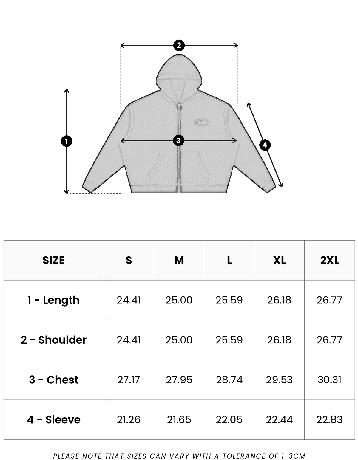 Size guide in inches for Globe Zip Hoodie